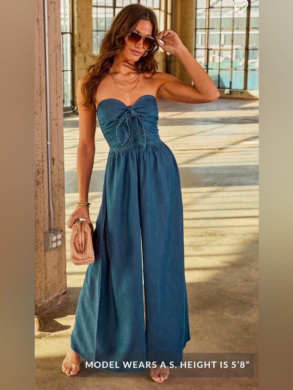 Chambray  Tie-Front Wide-Leg Jumpsuit - Blue